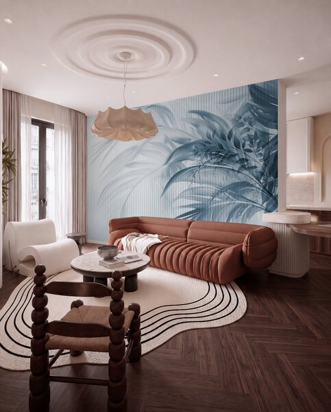 Tapet Palmier tropical frunze albastre cu un fundal alb cu dungi, iluminat moale, tușe, Fototapet Natură, Fototapet Frunze, w09343v1 : Uwalls.ro