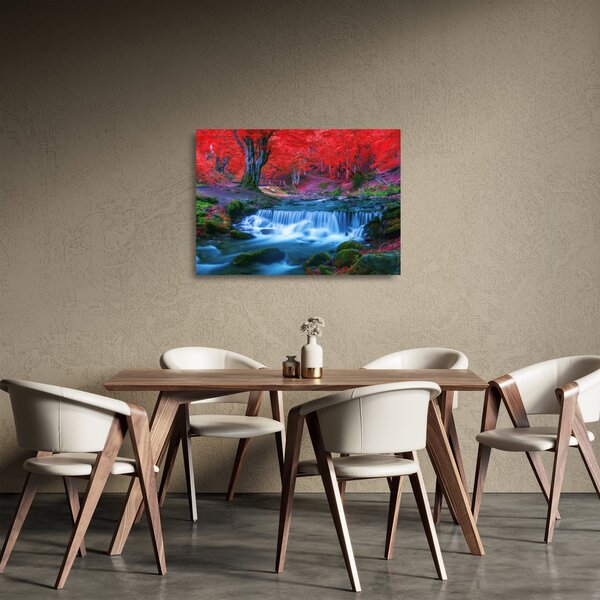 Tablou pe sticlă - Cascada în pădurea roșie (70x50 cm)