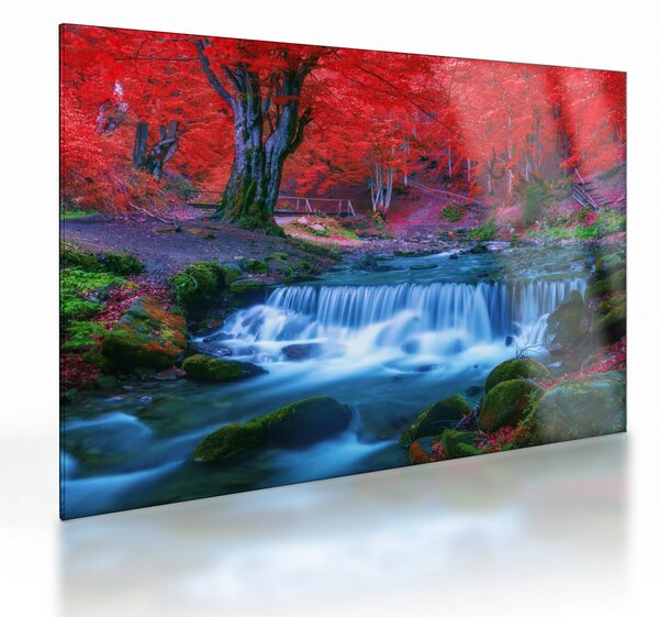 Tablou pe sticlă - Cascada în pădurea roșie (70x50 cm)
