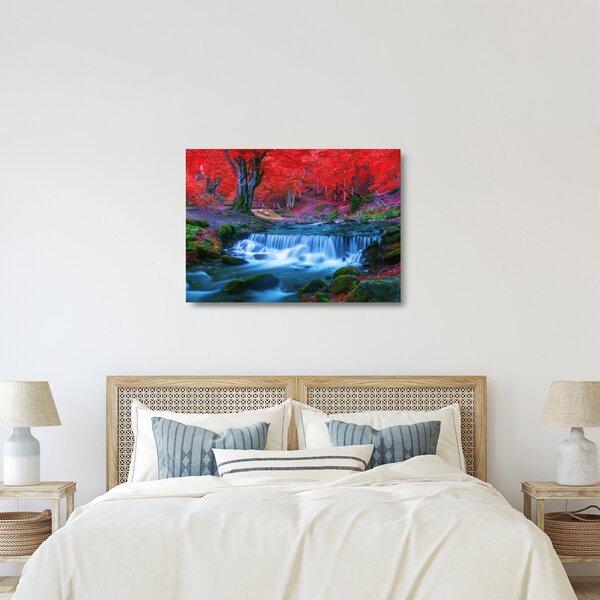 Tablou pe sticlă - Cascada în pădurea roșie (70x50 cm)