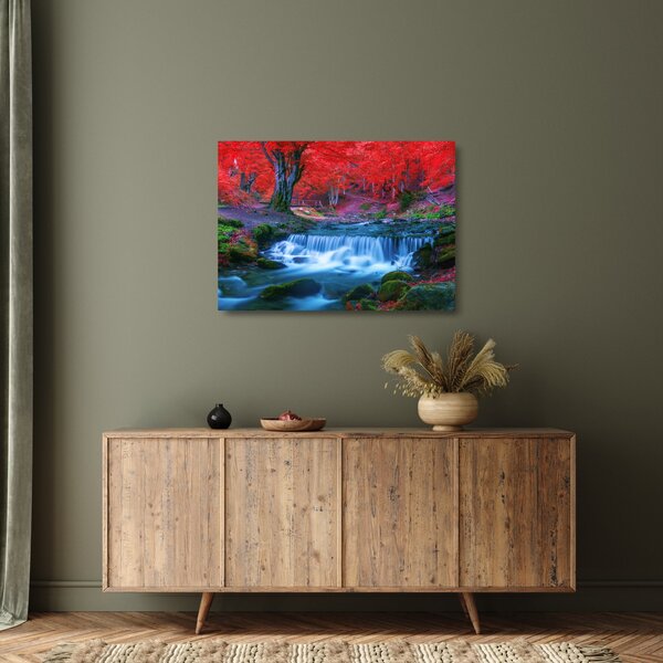 Tablou pe sticlă - Cascada în pădurea roșie (70x50 cm)