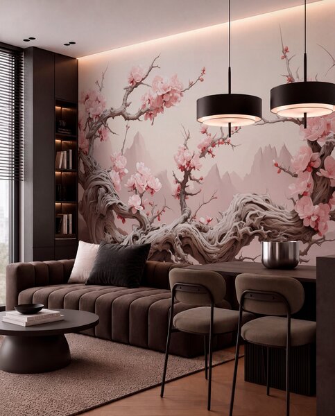 Tapet Trunchi de copac răsucit cu sakura roz înflorit, Fototapet pădure, Fototapet copaci, w09388 : Uwalls.ro
