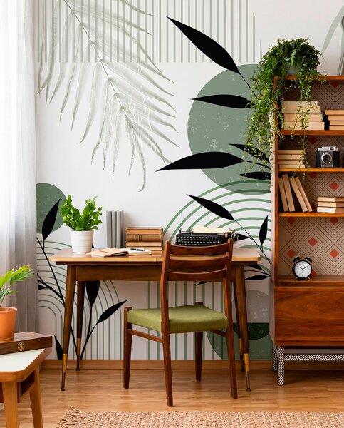Tapet Imprimare abstractă texturată cu forme geometrice, cercuri și arcuri și plante negre și verzi pe un, Fototapet Geometrie, w09384 : Uwalls.ro