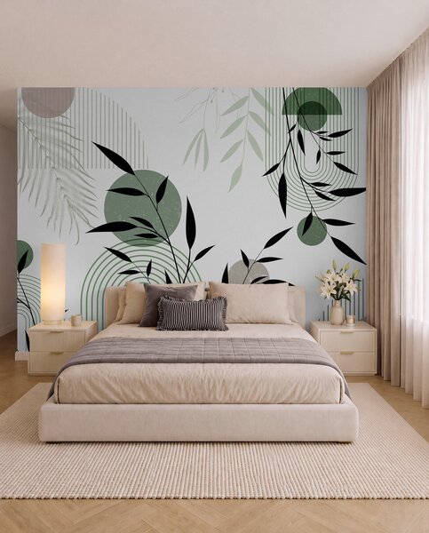 Tapet Imprimare abstractă texturată cu forme geometrice, cercuri și arcuri și plante negre și verzi pe un, Fototapet Geometrie, w09384 : Uwalls.ro