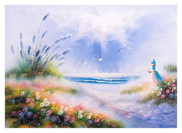 Tablou pe sticlă - Plaja romantică, pictură în ulei (70x50 cm)
