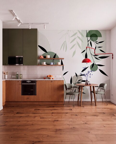 Tapet Imprimare abstractă texturată cu forme geometrice, cercuri și arcuri și plante negre și verzi pe un, Fototapet Geometrie, w09384 : Uwalls.ro
