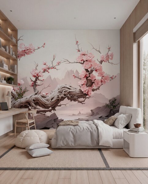Tapet Trunchi de copac răsucit cu sakura roz înflorit, Fototapet pădure, Fototapet copaci, w09388 : Uwalls.ro