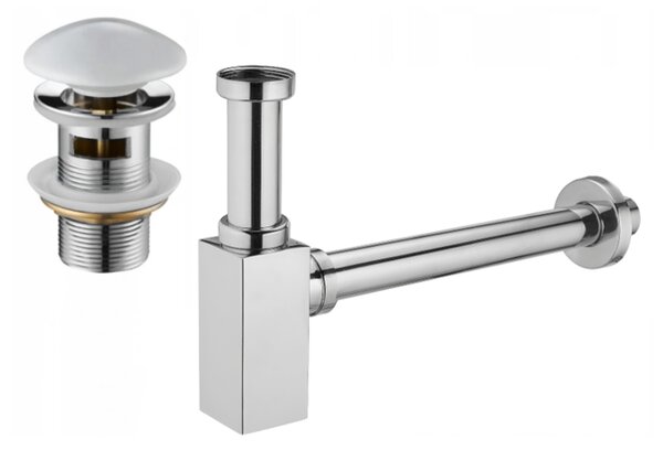 Mexen semi-sifon pătrat de chiuvetă cu dop ceramic klik-klak, cu preaplin, crom/alb - 7992060-02