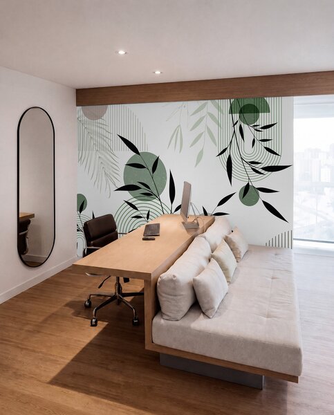 Tapet Imprimare abstractă texturată cu forme geometrice, cercuri și arcuri și plante negre și verzi pe un, Fototapet Geometrie, w09384 : Uwalls.ro