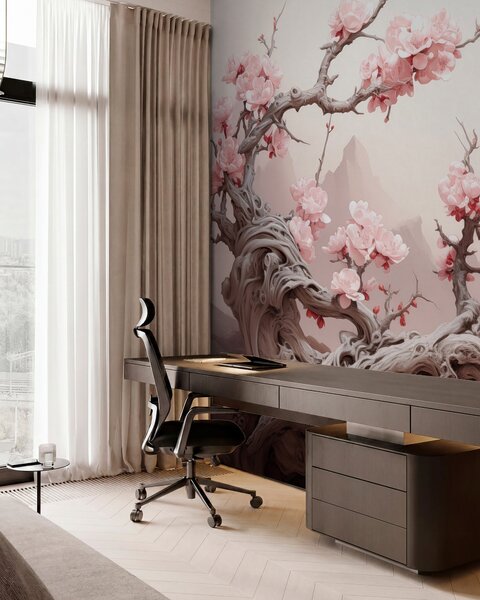 Tapet Trunchi de copac răsucit cu sakura roz înflorit, Fototapet pădure, Fototapet copaci, w09388 : Uwalls.ro