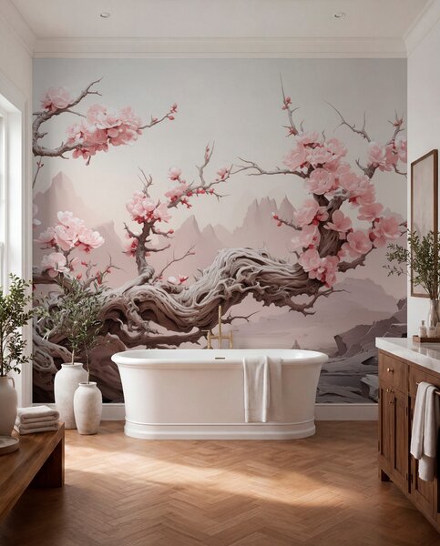 Tapet Trunchi de copac răsucit cu sakura roz înflorit, Fototapet pădure, Fototapet copaci, w09388 : Uwalls.ro