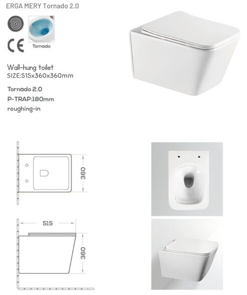 Erga Mery+, vas WC suspendat 515x360x360mm, fără rampă Tornado 2 + capac WC cu închidere lentă, alb, ERG-V03-MERY-TO2-WH