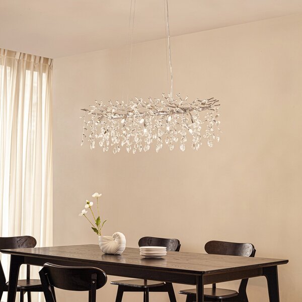 Lucande Lampă suspendată Bellora, 101 cm, oțel inoxidabil, cristal, reglabil, Metalic, Camera de zi / sufragerie, Cristal, Modern