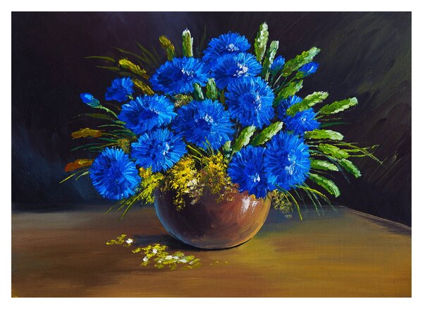Tablou pe sticlă - Flori albastre în vază (70x50 cm)