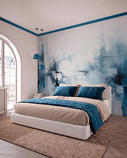 Tapet Imitare de pictură abstractă cu textură peisagistică, cu pensule albastre și albe, stil modern, Fototapet Abstract, w09422 : Uwalls.ro