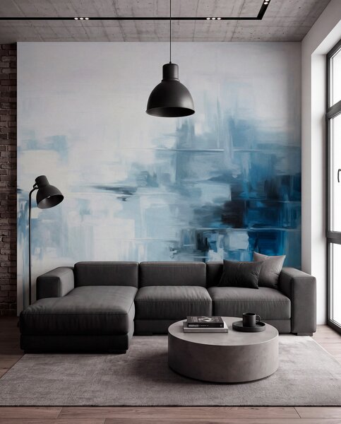 Tapet Imitare de pictură abstractă cu textură peisagistică, cu pensule albastre și albe, stil modern, Fototapet Abstract, w09422 : Uwalls.ro