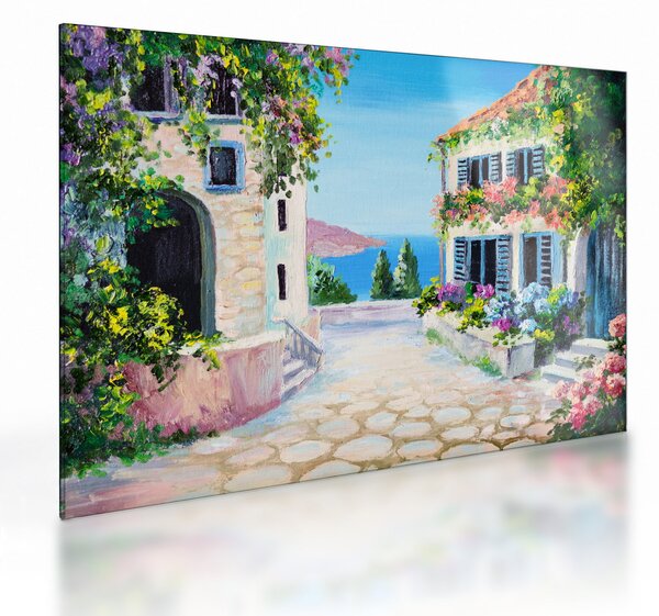 Tablou pe sticlă - Alee grecească, pictură în ulei (70x50 cm)