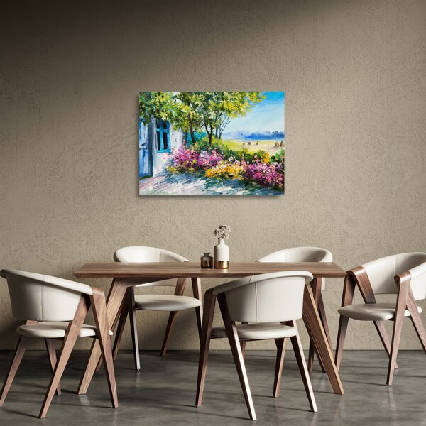 Tablou pe sticlă - Grădina din fața casei, pictură în ulei (70x50 cm)