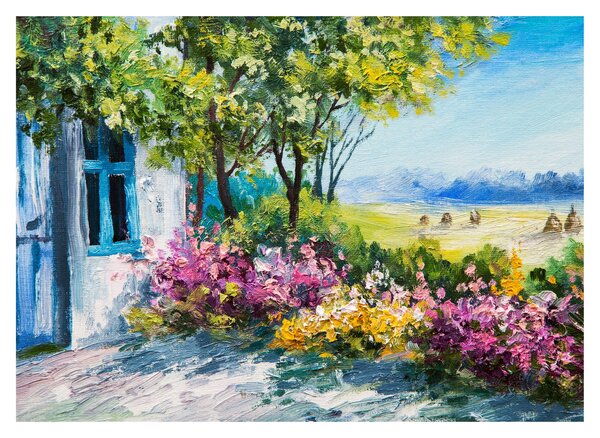 Tablou pe sticlă - Grădina din fața casei, pictură în ulei (70x50 cm)