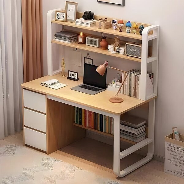Birou cu Biblioteca Pako World, model Soco, 120x144x50 cm, Natural/Alb