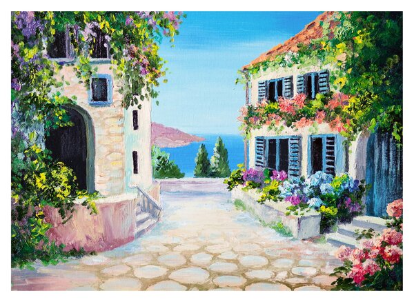 Tablou pe sticlă - Alee grecească, pictură în ulei (70x50 cm)