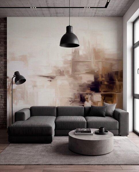 Tapet Imitare de pictură abstractă cu textură peisagistică, cu pensule maro și albe, stil modern, Fototapet Abstract, w09422v1 : Uwalls.ro