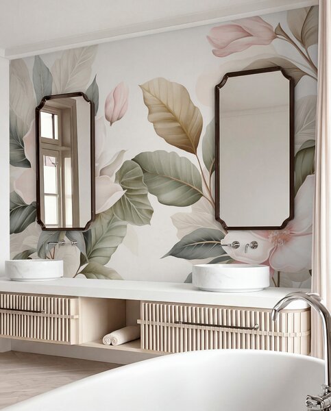 Tapet Flori de magnolie cu frunze în culori pastelate, alb, roz și verde, delicate, în stil acuarelă, Fototapet Flori, w09427 : Uwalls.ro
