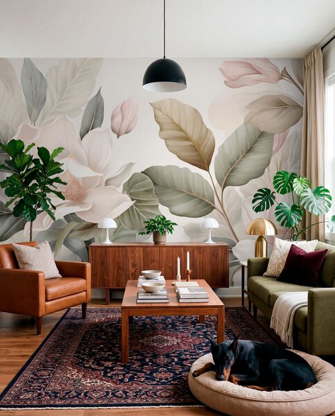 Tapet Flori de magnolie cu frunze în culori pastelate, alb, roz și verde, delicate, în stil acuarelă, Fototapet Flori, w09427 : Uwalls.ro