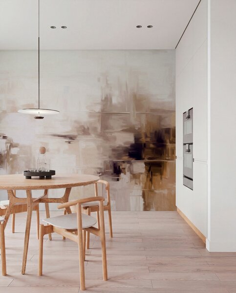 Tapet Imitare de pictură abstractă cu textură peisagistică, cu pensule maro și albe, stil modern, Fototapet Abstract, w09422v1 : Uwalls.ro