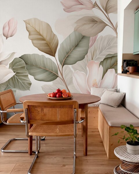 Tapet Flori de magnolie cu frunze în culori pastelate, alb, roz și verde, delicate, în stil acuarelă, Fototapet Flori, w09427 : Uwalls.ro