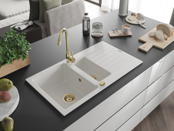 Mexen Matias - chiuveta granit 900x505x200 mm, 1,5 camere, alb cu sifon auriu, 6502901505-20-G