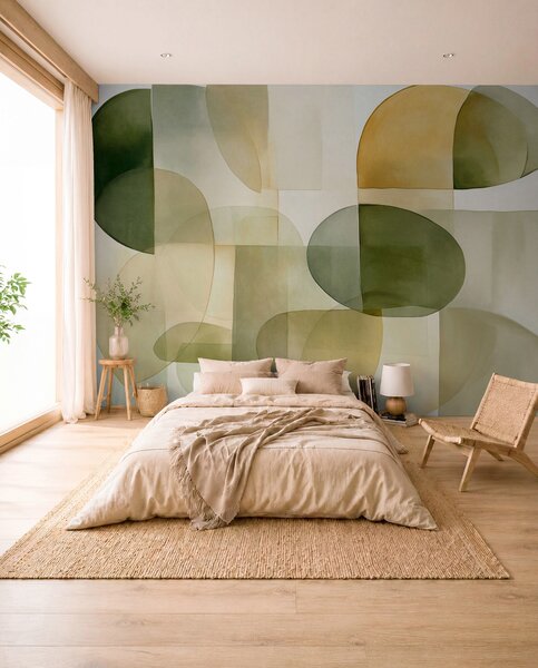 Tapet Forme abstracte texturate în nuanțe de verde și galben, tonuri discrete, compoziție minimalistă, fundal, Fototapet Abstract, w09467 : Uwalls.ro