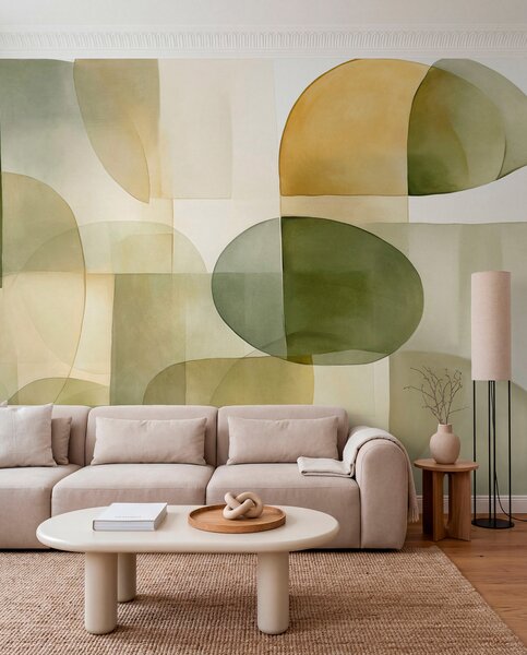 Tapet Forme abstracte texturate în nuanțe de verde și galben, tonuri discrete, compoziție minimalistă, fundal, Fototapet Abstract, w09467 : Uwalls.ro