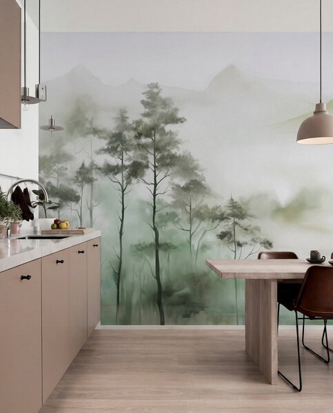 Tapet Peisaj încețoșat cu copaci înalți și munți în tonuri discrete de verde și gri, stil minimalist, texturat, Fototapet Natură, w09469 : Uwalls.ro