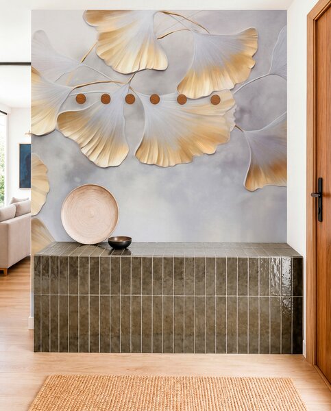 Tapet Frunze de Ginkgo biloba cu margini galbene pe o ramură, fundal texturat gri, design elegant și minimalist, Fototapet Natură, w09472 : Uwalls.ro