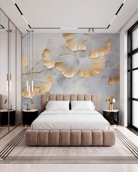 Tapet Frunze de Ginkgo biloba cu margini galbene pe o ramură, fundal texturat gri, design elegant și minimalist, Fototapet Natură, w09472 : Uwalls.ro