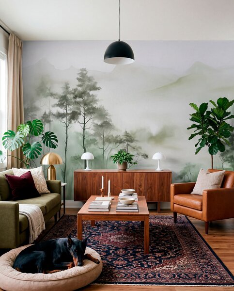 Tapet Peisaj încețoșat cu copaci înalți și munți în tonuri discrete de verde și gri, stil minimalist, texturat, Fototapet Natură, w09469 : Uwalls.ro