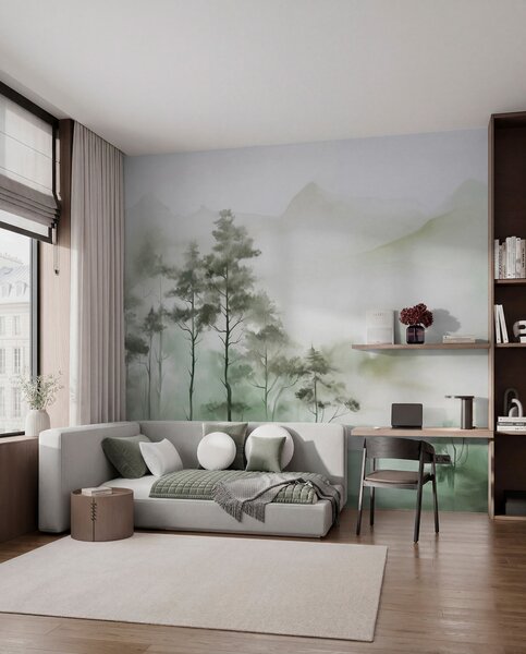 Tapet Peisaj încețoșat cu copaci înalți și munți în tonuri discrete de verde și gri, stil minimalist, texturat, Fototapet Natură, w09469 : Uwalls.ro