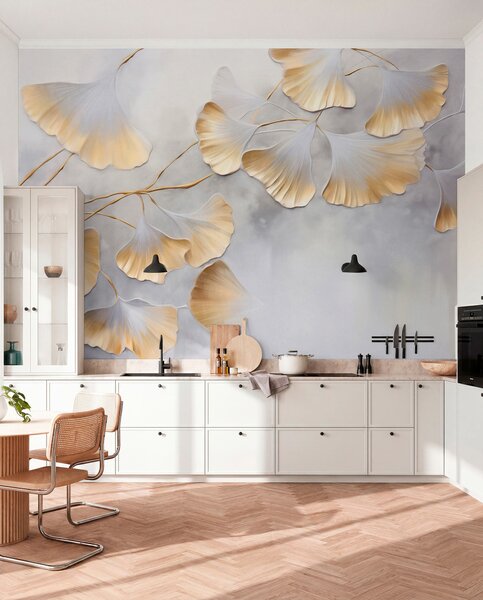 Tapet Frunze de Ginkgo biloba cu margini galbene pe o ramură, fundal texturat gri, design elegant și minimalist, Fototapet Natură, w09472 : Uwalls.ro