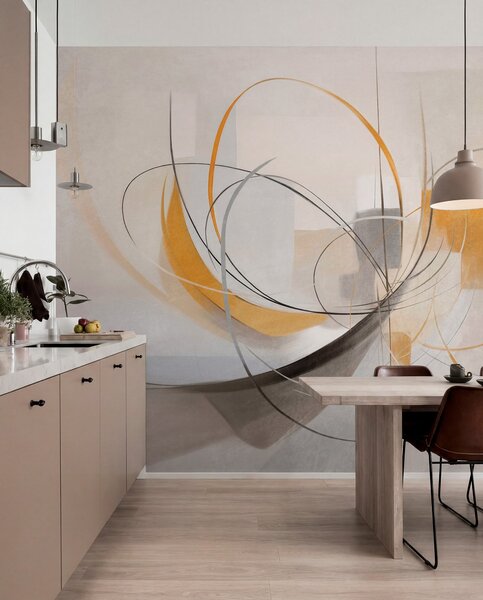 Tapet Stil de pictură modernă abstractă cu textură, linii curbe și forme geometrice în nuanțe de gri, alb și, Fototapet Abstract, w09476 : Uwalls.ro