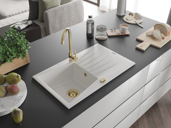 Mexen Cesar, chiuveta granit 775x470x190 mm, 1 camera, alb cu sifon auriu, 6514771010-20-G