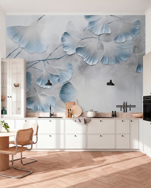 Tapet Frunze de Ginkgo biloba cu margini albastre pe o ramură, fundal texturat gri, design elegant și, Fototapet Natură, w09472v1 : Uwalls.ro