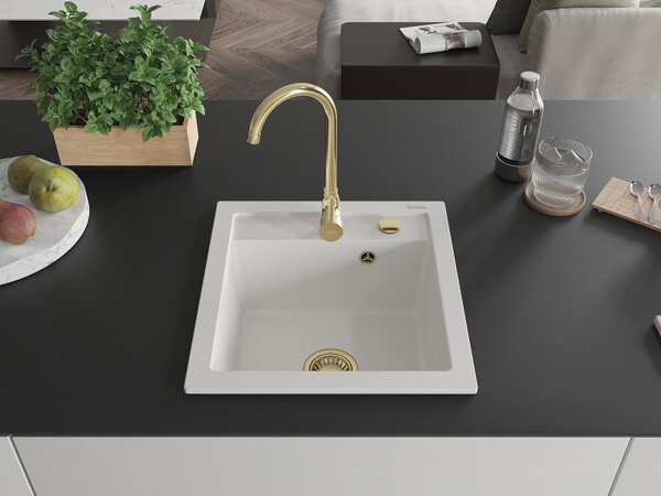 Mexen Vito, chiuveta granit 520x490x210 mm, 1 camera, alb cu sifon auriu, 6503521000-20-G