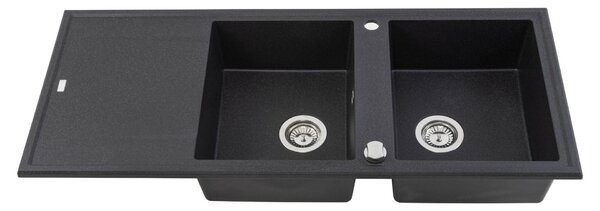 Laveo Megalo, chiuvetă din granit cu 2 camere 1160x500x185 mm cu scurgere lungă, negru, LAV-SBE_721T
