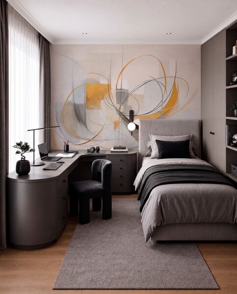 Tapet Stil de pictură modernă abstractă cu textură, linii curbe și forme geometrice în nuanțe de gri, alb și, Fototapet Abstract, w09476 : Uwalls.ro