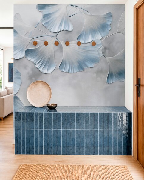 Tapet Frunze de Ginkgo biloba cu margini albastre pe o ramură, fundal texturat gri, design elegant și, Fototapet Natură, w09472v1 : Uwalls.ro