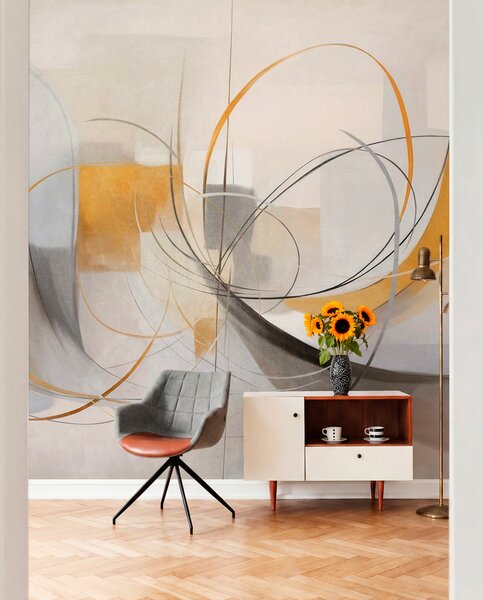 Tapet Stil de pictură modernă abstractă cu textură, linii curbe și forme geometrice în nuanțe de gri, alb și, Fototapet Abstract, w09476 : Uwalls.ro
