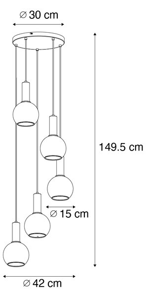 Lampă suspendată Art Deco neagră cu sticlă fumurie rotundă cu 5 lumini - Josje