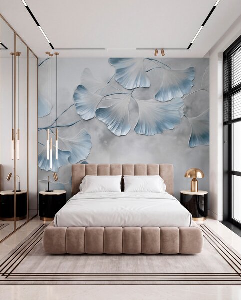 Tapet Frunze de Ginkgo biloba cu margini albastre pe o ramură, fundal texturat gri, design elegant și, Fototapet Natură, w09472v1 : Uwalls.ro