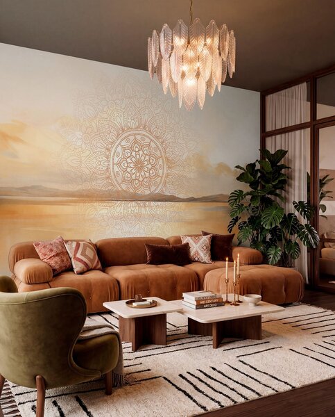 Tapet Design mandala simetric texturat care acoperă un peisaj cu mare, dealuri și cer, culori pastelate delicate, Fototapet Boho, w09491 : Uwalls.ro